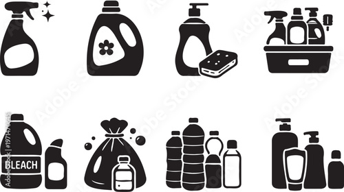 cleaning product icons set, household bottle and spray symbols, minimal hygiene graphic collection