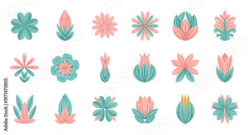 Collection of stylized floral elements and botanical icons in soft pastel colors for decorative design