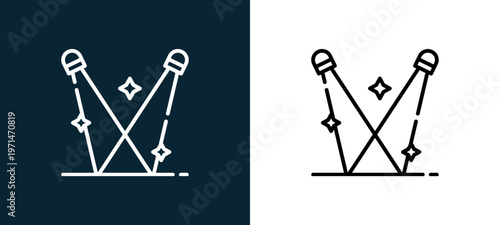 Two-color spotlight outline icon pair in black and white, editable stroke vector illustration for web, mobile apps, UI design, branding, and print from event