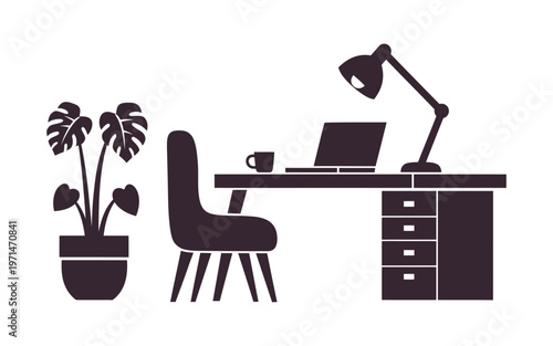 Modern office desk silhouette featuring laptop drawer unit adjustable lamp and large monstera plant