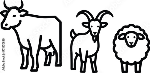 black line drawing of cow goat and sheep standing side by side