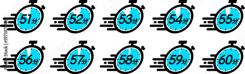 スピード感のある時間を示す時間管理のアイコン（51分/52分/53分/54分/55分/56分/57分/58分/59分/60分）

