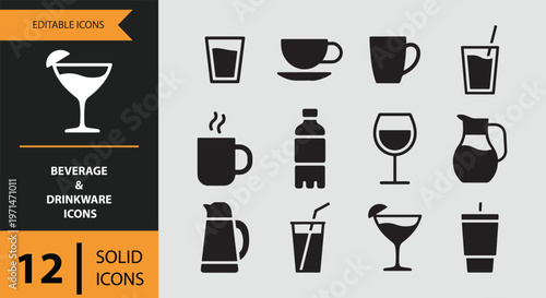 Collection of black beverage and drinkware icons on gray background