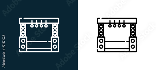 Two-color stage outline icon pair in black and white, editable stroke vector illustration for web, mobile apps, UI design, branding, and print from event