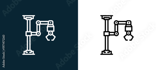 Two-color industrial robot outline icon pair in black and white, editable stroke vector illustration for web, mobile apps, UI design, branding, and print from industrial process