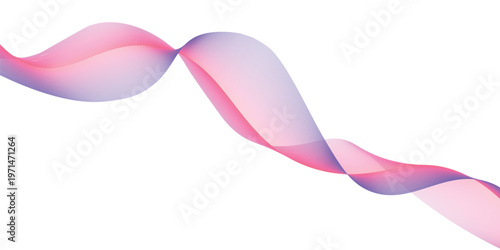 A swirling pink and purple ribbon design flows like a vector smoke wave with curved lines and a colorful texture isolated on a white background backdrop