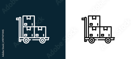 Two-color pushcart outline icon pair in black and white, editable stroke vector illustration for web, mobile apps, UI design, branding, and print from industrial process