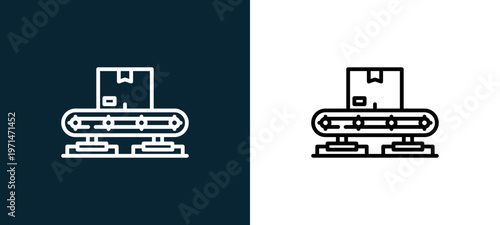 Two-color conveyor outline icon pair in black and white, editable stroke vector illustration for web, mobile apps, UI design, branding, and print from industrial process