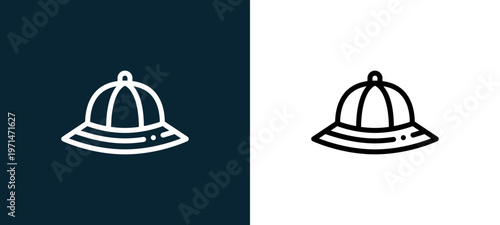Two-color hat outline icon pair in black and white, editable stroke vector illustration for web, mobile apps, UI design, branding, and print from desert