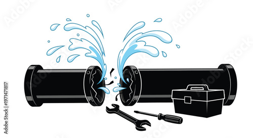 Broken pipe with splashing water and tools a striking black silhouette