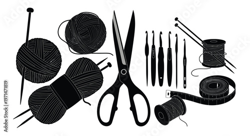 Craft supplies including yarn scissors and needles in black silhouette