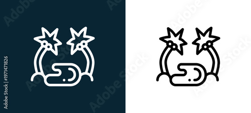 Two-color oasis outline icon pair in black and white, editable stroke vector illustration for web, mobile apps, UI design, branding, and print from desert
