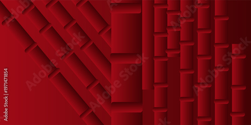 A creative 3D abstract background featuring stylized dark red bamboo or cylindrical shapes. The design 