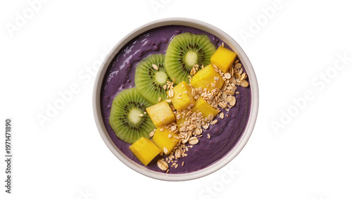 Canvastavla Purple acai bowl with kiwi mango and granola, isolated on transparent background