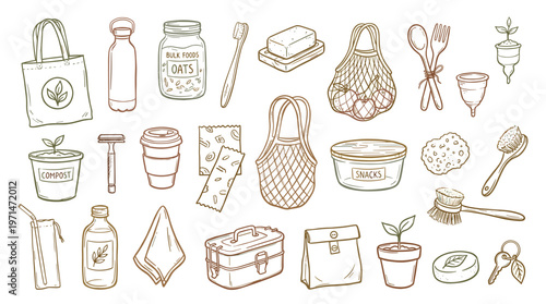 Sustainable zero waste lifestyle collection of eco friendly products and reusable items for daily life and travel