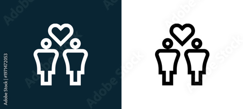Two-color same sex marriage outline icon pair in black and white, editable stroke vector illustration for web, mobile apps, UI design, branding, and print from holland