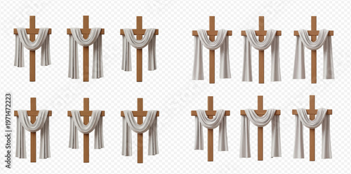 Set of wooden crosses draped with white cloth, symbolizing Easter, Lent, and Christian faith.