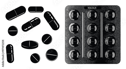 Black pills and blister pack illustration a stark visual silhouette