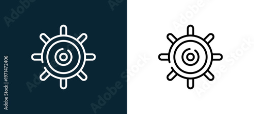Two-color helm outline icon pair in black and white, editable stroke vector illustration for web, mobile apps, UI design, branding, and print from pirates