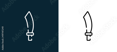 Two-color sabre outline icon pair in black and white, editable stroke vector illustration for web, mobile apps, UI design, branding, and print from pirates