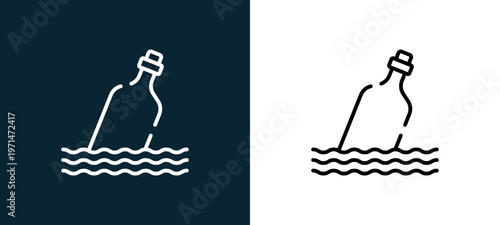 Two-color message in a bottle outline icon pair in black and white, editable stroke vector illustration for web, mobile apps, UI design, branding, and print from pirates
