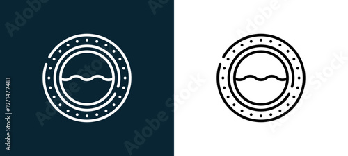 Two-color porthole outline icon pair in black and white, editable stroke vector illustration for web, mobile apps, UI design, branding, and print from pirates