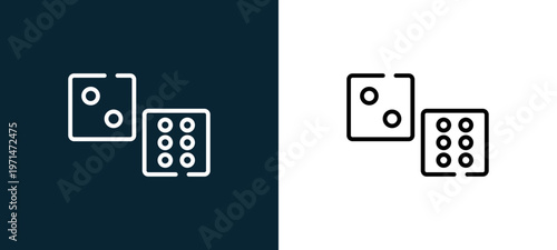 Two-color dice outline icon pair in black and white, editable stroke vector illustration for web, mobile apps, UI design, branding, and print from pirates