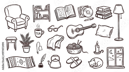 Cozy Home Comforts Collection Hand Drawn Sketch Elements for Relaxation and Hobbies