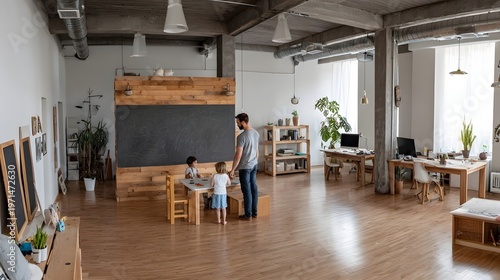 Man guides children at a table in a bright modern open plan learning and workspace environment