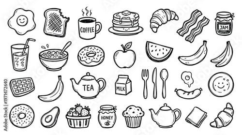 Hand drawn breakfast food and drinks collection sketch seamless pattern