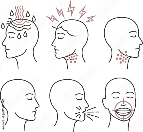 Headache symptoms vector illustration set showing human anatomy profiles with medical signs of illness pain fever cough and sore throat