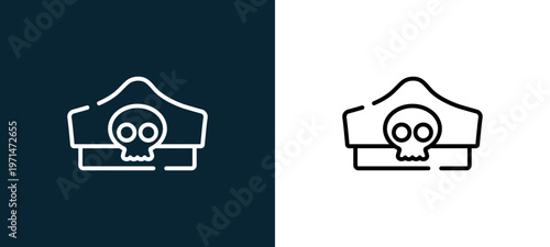 Two-color pirate hat outline icon pair in black and white, editable stroke vector illustration for web, mobile apps, UI design, branding, and print from pirates