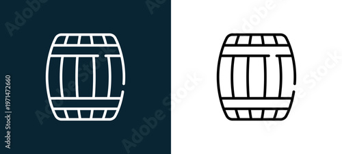Two-color barrel outline icon pair in black and white, editable stroke vector illustration for web, mobile apps, UI design, branding, and print from pirates