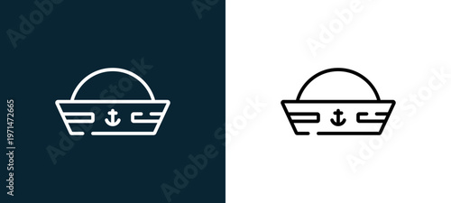 Two-color sailor hat outline icon pair in black and white, editable stroke vector illustration for web, mobile apps, UI design, branding, and print from pirates