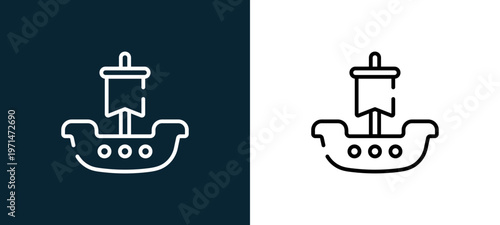 Two-color ship outline icon pair in black and white, editable stroke vector illustration for web, mobile apps, UI design, branding, and print from pirates