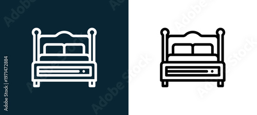 Two-color bed outline icon pair in black and white, editable stroke vector illustration for web, mobile apps, UI design, branding, and print from home and living