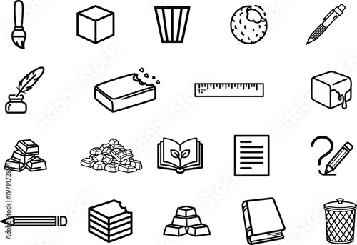 line icons of office and school supplies and objects