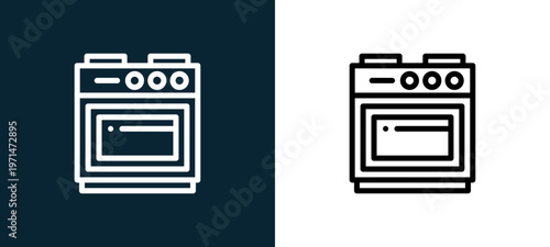 Two-color stove outline icon pair in black and white, editable stroke vector illustration for web, mobile apps, UI design, branding, and print from home and living