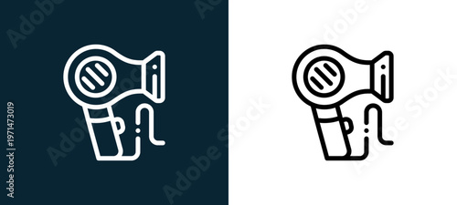 Two-color hair dryer outline icon pair in black and white, editable stroke vector illustration for web, mobile apps, UI design, branding, and print from home and living