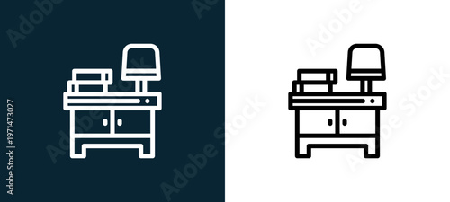 Two-color nightstand outline icon pair in black and white, editable stroke vector illustration for web, mobile apps, UI design, branding, and print from home and living