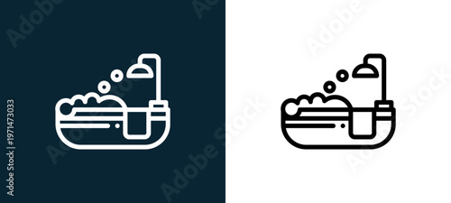 Two-color bathtub outline icon pair in black and white, editable stroke vector illustration for web, mobile apps, UI design, branding, and print from home and living