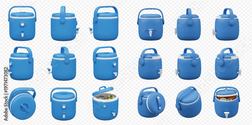 Set of blue portable insulated food and drink containers with handles and spigots, ideal for picnics and outdoor events.