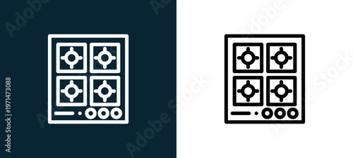 Two-color cooker outline icon pair in black and white, editable stroke vector illustration for web, mobile apps, UI design, branding, and print from home and living