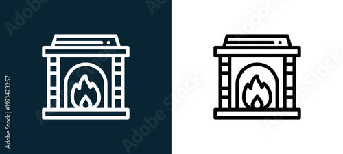 Two-color fireplace outline icon pair in black and white, editable stroke vector illustration for web, mobile apps, UI design, branding, and print from home and living