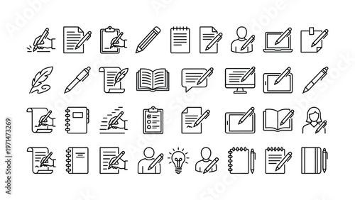 Set of 30 outline icons related to write. Linear icon collection. Editable stroke. Vector illustration
