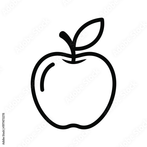 Simple black and white drawing of an apple with a leafy stem