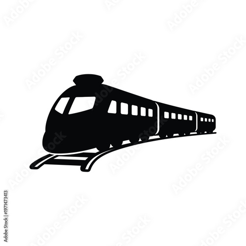 A sleek black and white illustration of a modern bullet train in motion