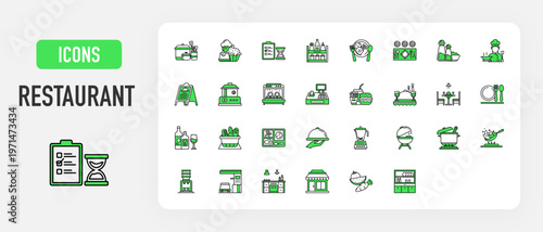 Restaurant icon. Cookware, Dessert, Waiting List, Condiment, Breakfast, Setting The Table, Salt And Pepper, Chef, Menu, Food Processor, Dishwasher, Cash Register, Fast Food, Romantic Dinner vector. 