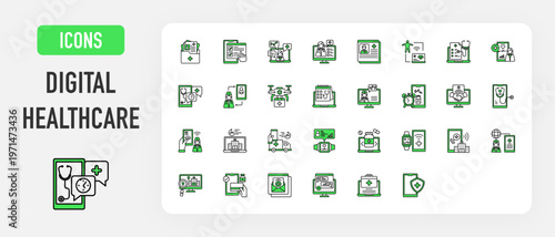 Digital Healthcare icon. Health Report, Tracking, Medical Diagnostics, Medical Prescription, Doctor Consultation, Online Doctor, Portal, Analytic, Monitoring, Smart Drone, Medical Appointment vector. 