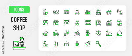 Coffee shop icon. Coffee Menu, Bean, Table, Syrup, Iced Coffee, Espresso, Scale Weight, Tea Bag, Coffee Bar, Barista, Location Pin, Coffee Machine, Maker, Takeaway Coffee, Coffee Cup vector. 